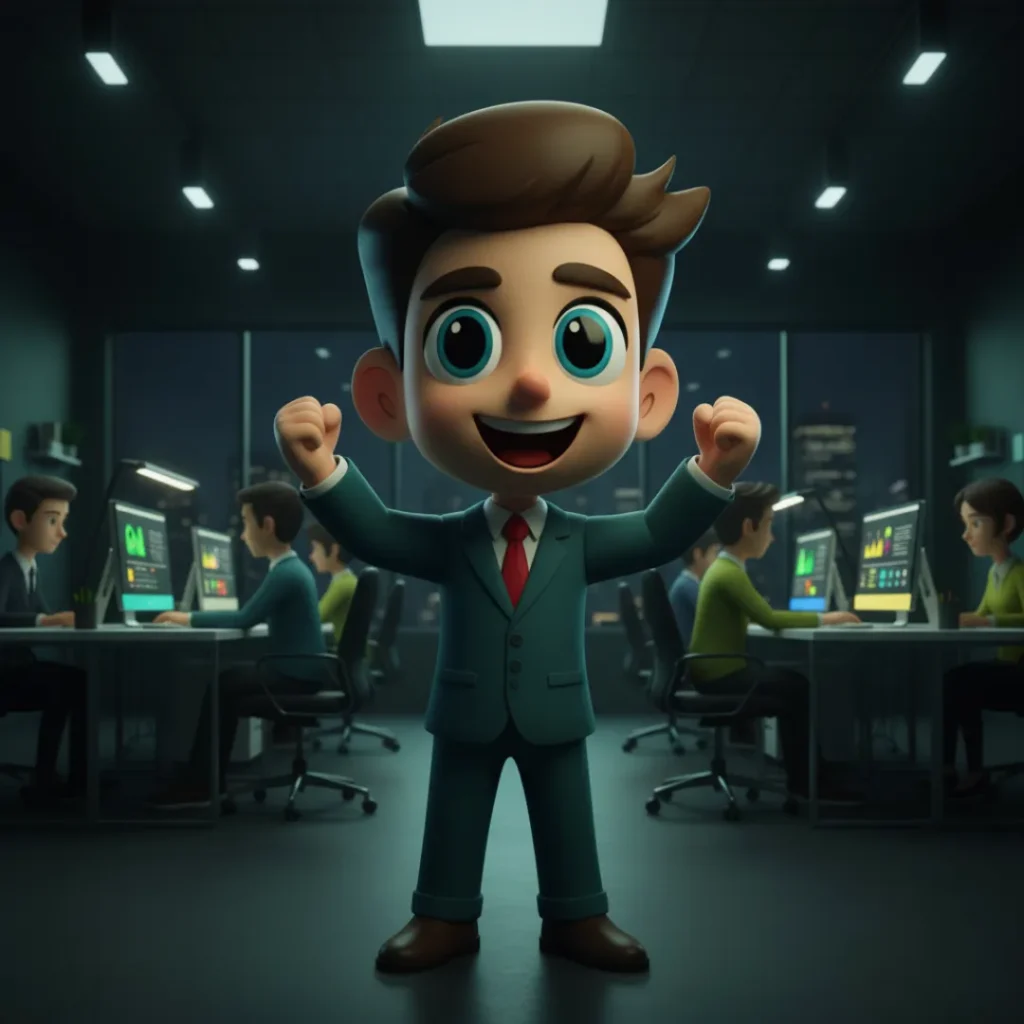 3D icon of a happy businessman in a suit, raising his fists in triumph, expressing "Oh yes!" feeling in a dark, late-night office setting with colleagues working in the background.